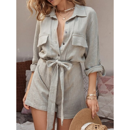 Women's Solid Color Casual Shirt Cotton-linen Rompers Jumpsuit Overalls