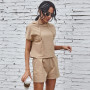 Women New Solid Color Hooded Sweater Short-Sleeved Shorts Suit Two-Piece Casual Commuter