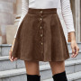 Women Fashion Pure Color Retro Corduroy High Waist Short Skirt Single Breasted Mini Skirt