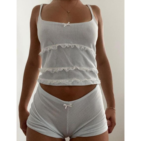 Women 2 Piece Clothes Fairy core Grunge Spaghetti Strap Sleeveless Crop Top and Shorts Cute Clothing Set