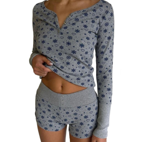 2023 Clothes  Set Fairycore Grunge Aesthetic Women Snowflake Print Long Sleeve Crop Top+ Shorts Outfit Streetwear
