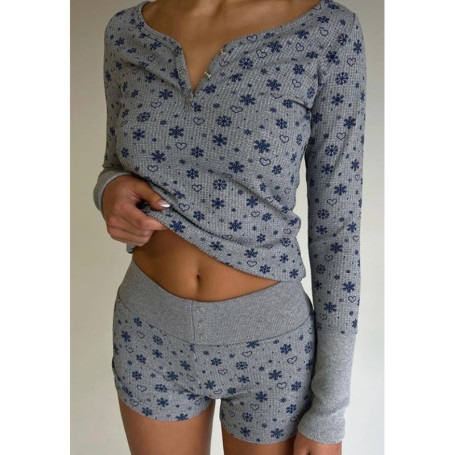 2023 Clothes  Set Fairycore Grunge Aesthetic Women Snowflake Print Long Sleeve Crop Top+ Shorts Outfit Streetwear