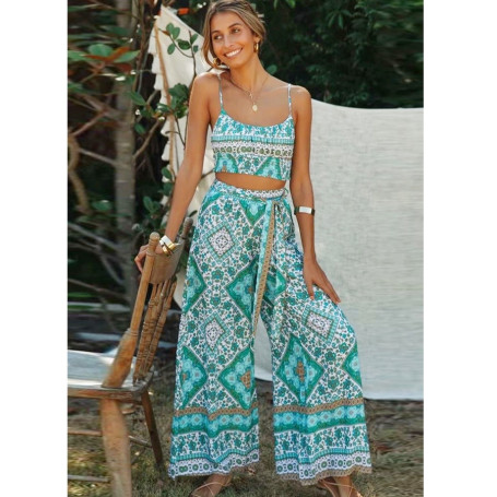 Wide-leg pants and Crop Top suit beach Bohemia cotton Women's Summer Two Pieces Set  Boho Floral Suits Casual Party Wear