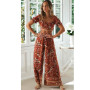 Vintage Floral Print Suit Women Crop Tops Shirt & Wide Leg Trousers 2 PCS Set Boho Short Sleeve Summer Two Piece Sets