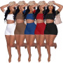 Echoine 2022 Sexy Backless Short Sleeve Square Collar Crop Top Solid Two Piece Elastic Bodycon Shorts Summer Casual Street Sets