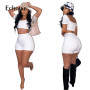 Echoine 2022 Sexy Backless Short Sleeve Square Collar Crop Top Solid Two Piece Elastic Bodycon Shorts Summer Casual Street Sets
