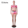 Echoine Woman Sexy Color Contrast Two Piece Set Stripe Print Short Sleeve Single-breasted Crop Top Shorts Slim Outfits Summer