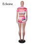 Echoine Woman Sexy Color Contrast Two Piece Set Stripe Print Short Sleeve Single-breasted Crop Top Shorts Slim Outfits Summer