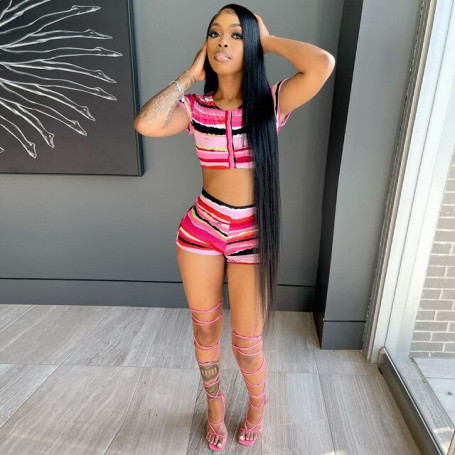 Echoine Woman Sexy Color Contrast Two Piece Set Stripe Print Short Sleeve Single-breasted Crop Top Shorts Slim Outfits Summer