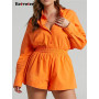 Eotvotee Short 2 Piece Set for Women Summer 2023 New Turn Down Collar Long Sleeve Shirts High Waisted Elastic Waist Baggy Short