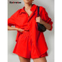 Eotvotee Short 2 Piece Set for Women Summer 2023 New Turn Down Collar Long Sleeve Shirts High Waisted Elastic Waist Baggy Short