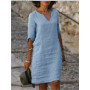 Women Cotton Linen Dress 3 Quarter Vintage Casual V Neck Loose Waist Midi Dress Clothing