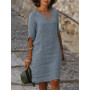 Women Cotton Linen Dress 3 Quarter Vintage Casual V Neck Loose Waist Midi Dress Clothing