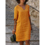 Women Cotton Linen Dress 3 Quarter Vintage Casual V Neck Loose Waist Midi Dress Clothing