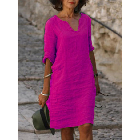 Women Cotton Linen Dress 3 Quarter Vintage Casual V Neck Loose Waist Midi Dress Clothing