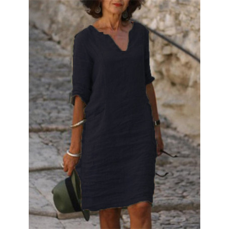 Eotvotee 2023 Cotton Dress Women's V-Neck Half Sleeve Solid Loose Dresses Female Summer Fashion Office Casual Ladies Clothes