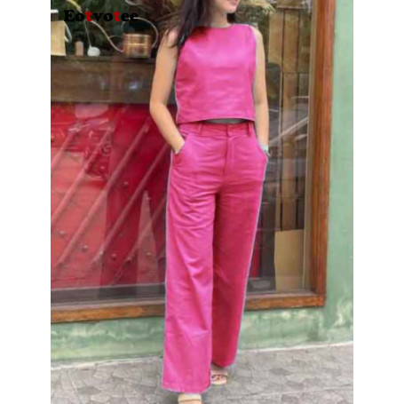 Women Cotton Linen 2 Pieces Sets New Crop Tops High Waist Wide Leg Pants Oversized