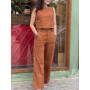 Women Cotton Linen 2 Pieces Sets New Crop Tops High Waist Wide Leg Pants Oversized