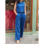 Women Cotton Linen 2 Pieces Sets New Crop Tops High Waist Wide Leg Pants Oversized