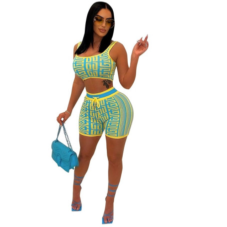 Women Fashion Sexy Two Piece Set  Plaid Print Vest Stretch Shorts