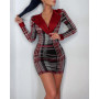 Women Leather Patchwork Fashion Sexy Print Slim V-Neck Long Sleeve Mini Dress