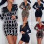 Women Leather Patchwork Fashion Sexy Print Slim V-Neck Long Sleeve Mini Dress