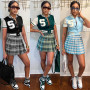 Women Street Two Piece Set Fashion Letter Color-blocking Uniform Plaid Pleated Skirt Suit