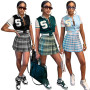 Women Street Two Piece Set Fashion Letter Color-blocking Uniform Plaid Pleated Skirt Suit