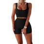 Women's Workout Set 2 Pieces Fitness Ribbed Stretchy Wear Suit Crop Top and Leggings High Waisted Shorts
