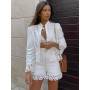 Boho Vintage Openwork Crochet Detail Cotton White Shorts Sets Shirt Tops And High Waist Shorts Two Piece Set Women Clothing 2022