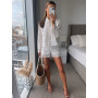 Boho Vintage Openwork Crochet Detail Cotton White Shorts Sets Shirt Tops And High Waist Shorts Two Piece Set Women Clothing 2022