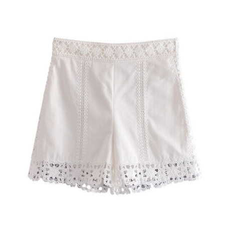 Boho Vintage Openwork Crochet Detail Cotton White Shorts Sets Shirt Tops And High Waist Shorts Two Piece Set Women Clothing 2022