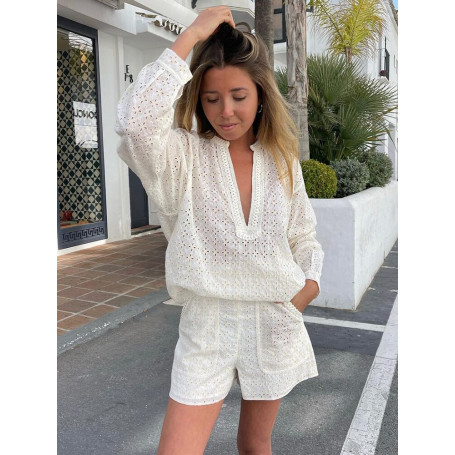Vacation Boho Cutwork Embroidery Two Piece Set Women Clothing 2022 Blouse Top And High Waist Shorts Sets Womens Outfits Co Ord