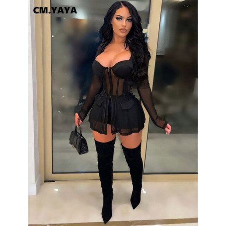 Mesh See Through Patchwork Women 2pcs Set Zipper Sweetheart Blazer + Shorts Set Sweatsuit Tracksuit Two Piece Set Outfits