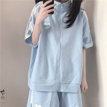 Hoodies Women Sets 2 Pieces Sports kawaii Cute Zipper Hoodies Short Pants Summer Casual Outfits Japanese Preppy Style