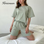Hirsionsan Summer Soft Cotton Sets Women Basic Casual Two Pieces T Shirts and Elastic Waist Shorts Pants Loose Solid Tracksuit