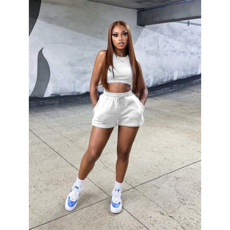 FQLWL Summer Streetwear 2 Two Piece Sets Tracksuit Women Outfits Sleeveless Crop Top Pocket Shorts Black Blue Matching Sets 2022