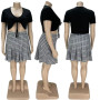 Plus Size Sets Skirts Women Fashion Lace Up Crop Top Mini Plaid Skirt Two set