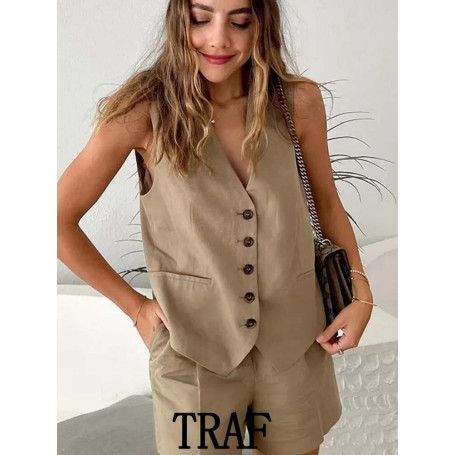 Summer 2 Pieces Sets Women Fashion Linen-Blend Slim-Fit Sleeveless Suit Vest + High Waists Shorts Causal Sets