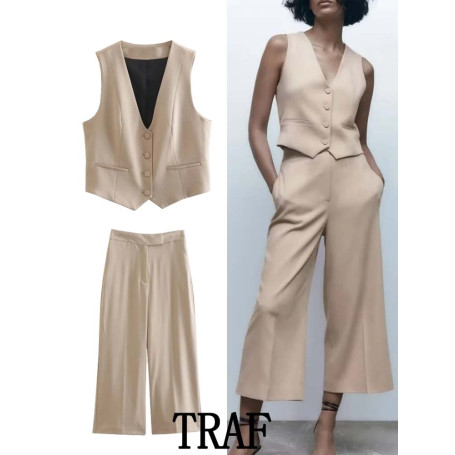 Summer 2 Pieces Vest Sets Fashion Single Breasteed Sleeveless Blazer Vest + Wide Leg Long Pants Causal Sets