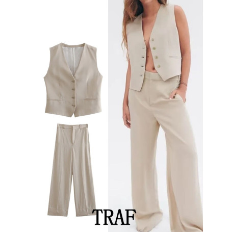 2 Pieces Vest Sets Fashion Suit Single Breasteed V-Neck Vest Tops + Loose Trousers Causal Women Sets