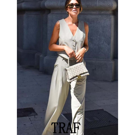Woman 2 Pieces Sets Fashion Single Breasted Sleeveless Suit Vest Tops + Wide Leg Long Pants Causal Commute Sets