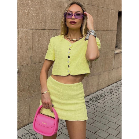 Summer Two Piece Set Elegant Textured Shorts Sets Rhinestone Button Up Crop Top And High Waist Skort Matching Sets For Women