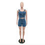 Echoine Solid Button Strap Crop Top Shorts Denim Jeans Two Piece Set Skinny Sexy Outfits Streewear