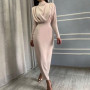 Fashion Solid Party Dress Women Elegant Stand Collar Pleated Slim Long Dresses Lady Autumn Spring Casual Commute Dress