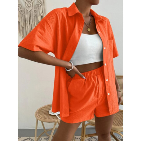 Summer Casual Ladies 2 Piece Fashion Short Sleeve Lapel Cardigan Tops and Elastic Waist Pocket Shorts Set Solid Loose Women Suit