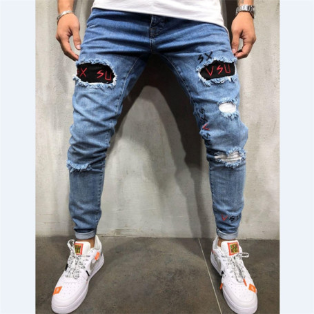 Men Snow Washed Patchwork Holes Ripped Jeans Plus Big Size Vintage Patch Slim Straight Denim Long Pants Men Long Jeans