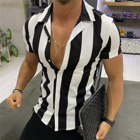 Men Shirts Casual Black Orange Wide Striped Lapel Shirts Men Short Sleeve Blouse Men Summer Casual Shirts Male Tops
