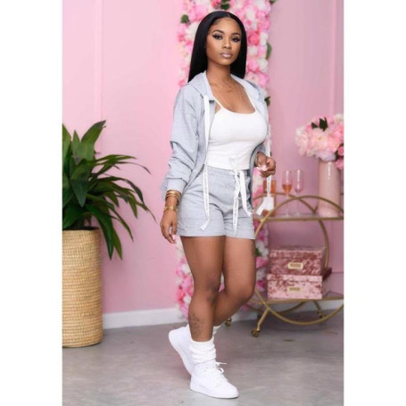 fashion u neck long sleeve cardigan and hot short 2 pieces set casual lady fashion tracksuits