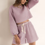 Autumn Women Homewear Casual Waffle Outfits Fashion O-Neck Long Sleeve Crop Tops + Tie-Up Shorts Suits Solid Color 2 Piece Sets